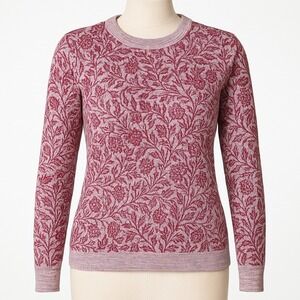 Vtg CAMELA Wool Floral Knit Sweater Crew Neck Burgundy XS Cottagecore Apre Ski